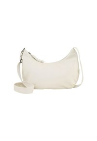 Borsa di colore crema con forma curva, texture in tessuto, tracolla regolabile e chiusura a zip; presenta un sottile dettaglio di branding.