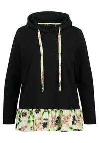 Felpa nera con cappuccio caratterizzata da un orlo a volant floreale nei toni del verde, rosa e marrone. Include lacci bianchi e maniche lunghe.