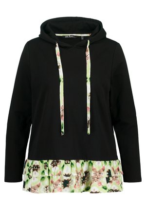 Zwarte hoodie met een bloemenrand in groene, roze en bruine tinten. Inclusief witte trekkoorden en lange mouwen.