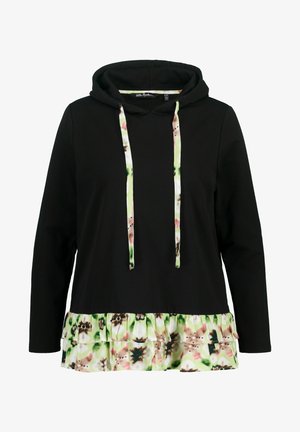 Zwarte hoodie met een bloemenrand in groene, roze en bruine tinten. Inclusief witte trekkoorden en lange mouwen.