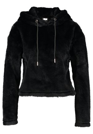 Mustmust must-hoodie, millekraani disainiga, paelaga kapuuts, pikad varrukad ja pehme, karvane tekstuur. Kaunistatud hõbedase tooni metallotsikutega.