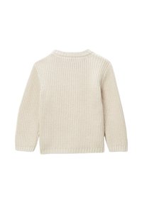 Pull en tricot crème avec un motif texturé, col rond simple et manches longues. Présente un ourlet et des poignets côtelés pour un ajustement confortable.