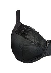 Melna krūšturis ar polsterētām kausēm, ziedu mežģīņu detaļām gar augšējo malu, regulējamām lencēm un gludu auduma apdari. Ideāli piemērots ikdienas valkāšanai.