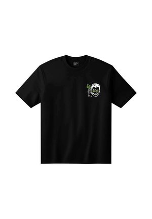 T-shirt noir à manches courtes avec un petit graphisme d'un visage souriant portant des lunettes vertes et tenant une carte avec le logo Vans près de la poitrine.