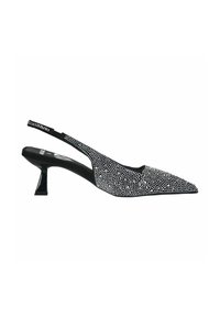 Chaussure à talon haut slingback noire avec bout pointu, recouverte de petits strass scintillants et dotée d'un talon fin incliné.
