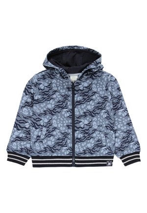 Blauw-zwart camouflageprint hoodie met ritssluiting, zwarte voering en gestreepte boorden, ontworpen voor een kind.