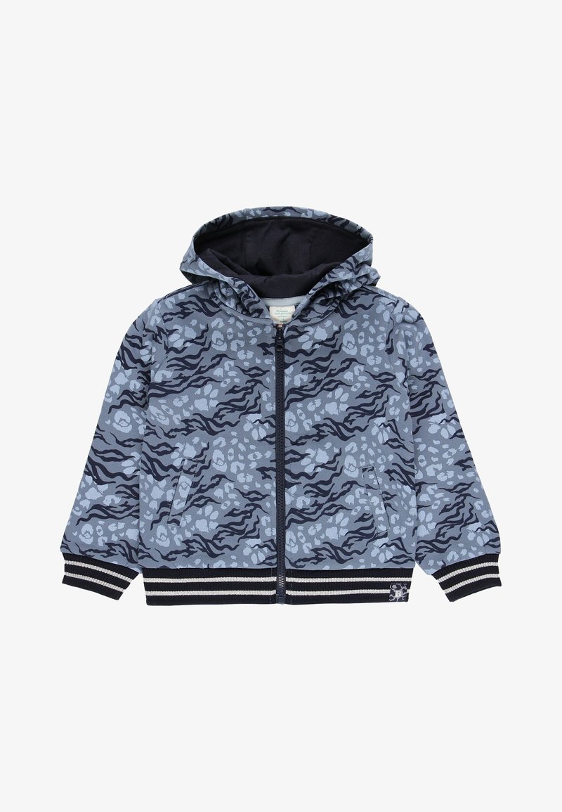 Sweat à capuche zippé pour enfant, à motif camouflage bleu et noir, doublure noire et poignets rayés.