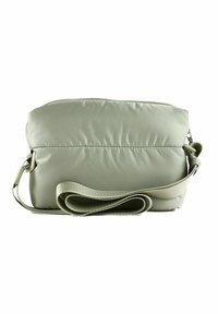 Sac bandoulière vert doux et atténué avec une texture rembourrée. Dispose d'une fermeture éclair et d'une sangle ajustable. Forme rectangulaire simple.