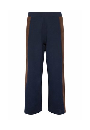 Pantalon bleu marine à jambes larges avec panneaux latéraux marron, taille élastique et ourlet droit.