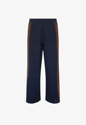 Navyblauwe wijde broek met bruine zijpanelen, een elastische tailleband en een rechte zoom.