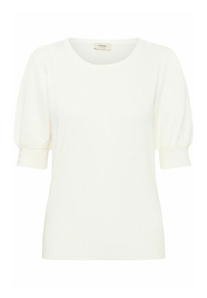 Haut en tricot blanc avec un col rond, des manches courtes bouffantes et des accents de boutons au niveau des poignets. Texture lisse et coupe ajustée.