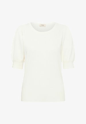 Hvid strikket top med rund hals, korte puffærmer og knapdetaljer ved ærmeenderne. Glat tekstur og tætsiddende design.