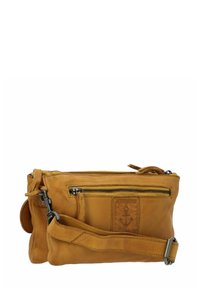 Borsa a tracolla in pelle di colore giallo senape, dotata di molteplici tasche con zip, un logo ancorato cucito e una tracolla regolabile con hardware metallico.