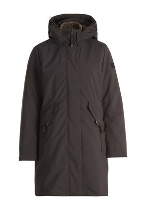 Parka noire imperméable avec capuche, dotée d'une fermeture éclair, de boutons-pression, de deux poches avant et d'un ourlet réglable pour un ajustement sécurisé.