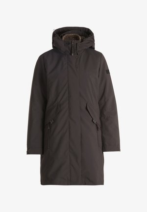Schwarzer wasserdichter Parka mit Kapuze, ausgestattet mit einem Reißverschluss, Druckknöpfen, zwei frontalen Taschen und einem verstellbaren Saum für eine sichere Passform.