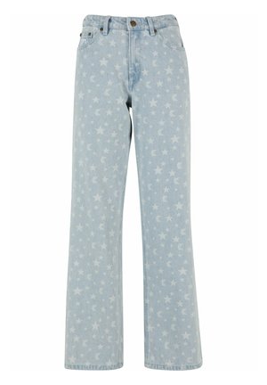 Light blue denim jeans with a star pattern, wide leg fit, five-pocket design, and a button closure at the waist. Textured fabric.