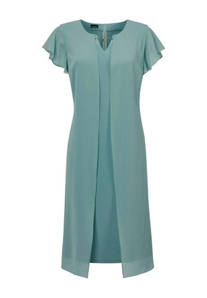 Ein tealfarbiges Kleid für Frauen aus leichtem Stoff, mit flatternden Ärmeln, einem V-Ausschnitt und einem Schlitz vorne für zusätzliche Details.