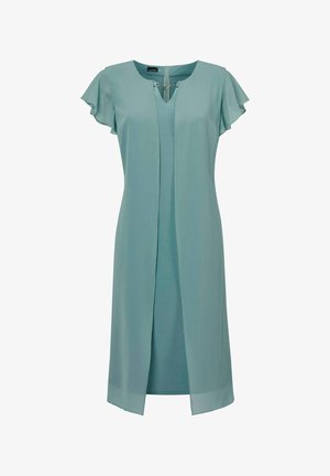 Ein tealfarbiges Kleid für Frauen aus leichtem Stoff, mit flatternden Ärmeln, einem V-Ausschnitt und einem Schlitz vorne für zusätzliche Details.