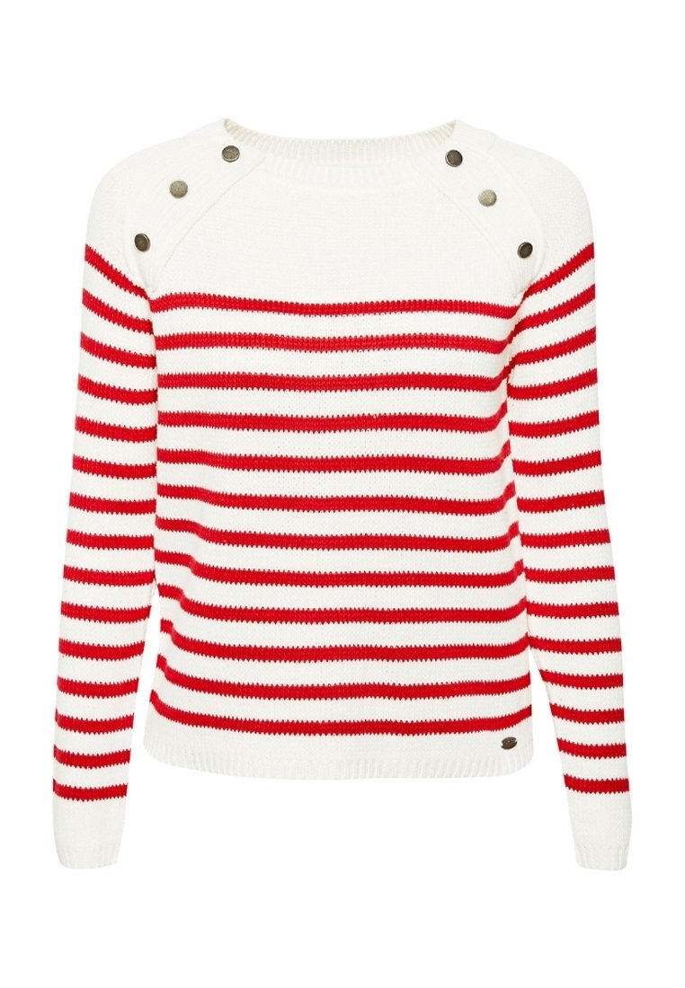 Maglione a righe rosse e bianche con collo a giro, realizzato in tessuto knit, con dettaglio a scatto sulle spalle e polsini e orlo a costine.