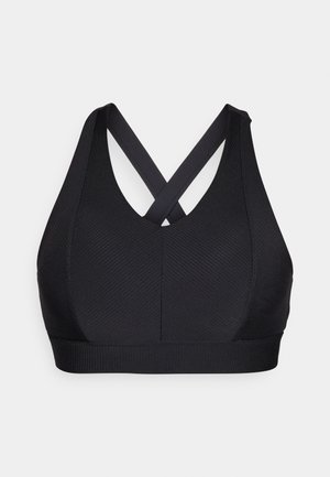Black sports bra with a ribbed texture, featuring a deep V-neckline and crisscross back straps. Elastic band at the hem for support.