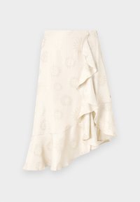 Witte gerimpelde wikkelrok met een subtiel zonpatroon, gemaakt van een zachte stof, met een flonkerende zoom en een zijsluiting met strik.