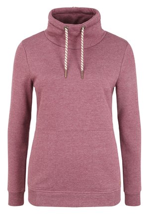 Körsbärsröd sweatshirt med hög krage, snörning och ribbade ärmmuddar. Mjuk textur med en slät yta. Har en framficka.