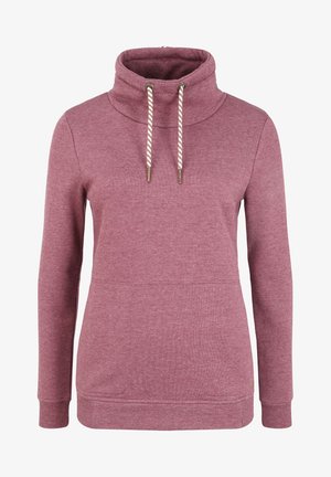 Bordo dukserica s visokim ovratnikom, vezicom za podešavanje i rebrastim manžetama. Mekana tekstura s glatkom završnom obradom. Sadrži prednju džep.