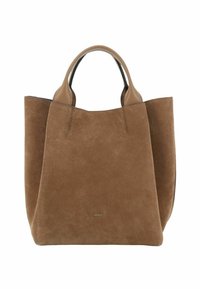 Brown suede tote bag with rounded leather handles, an open top, and minimalist design. Notable soft texture and subtle stitching detail.
