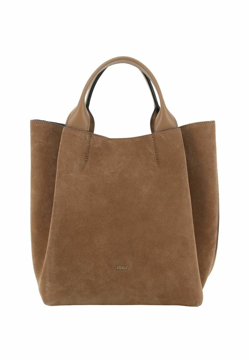 Brown suede tote bag with rounded leather handles, an open top, and minimalist design. Notable soft texture and subtle stitching detail.