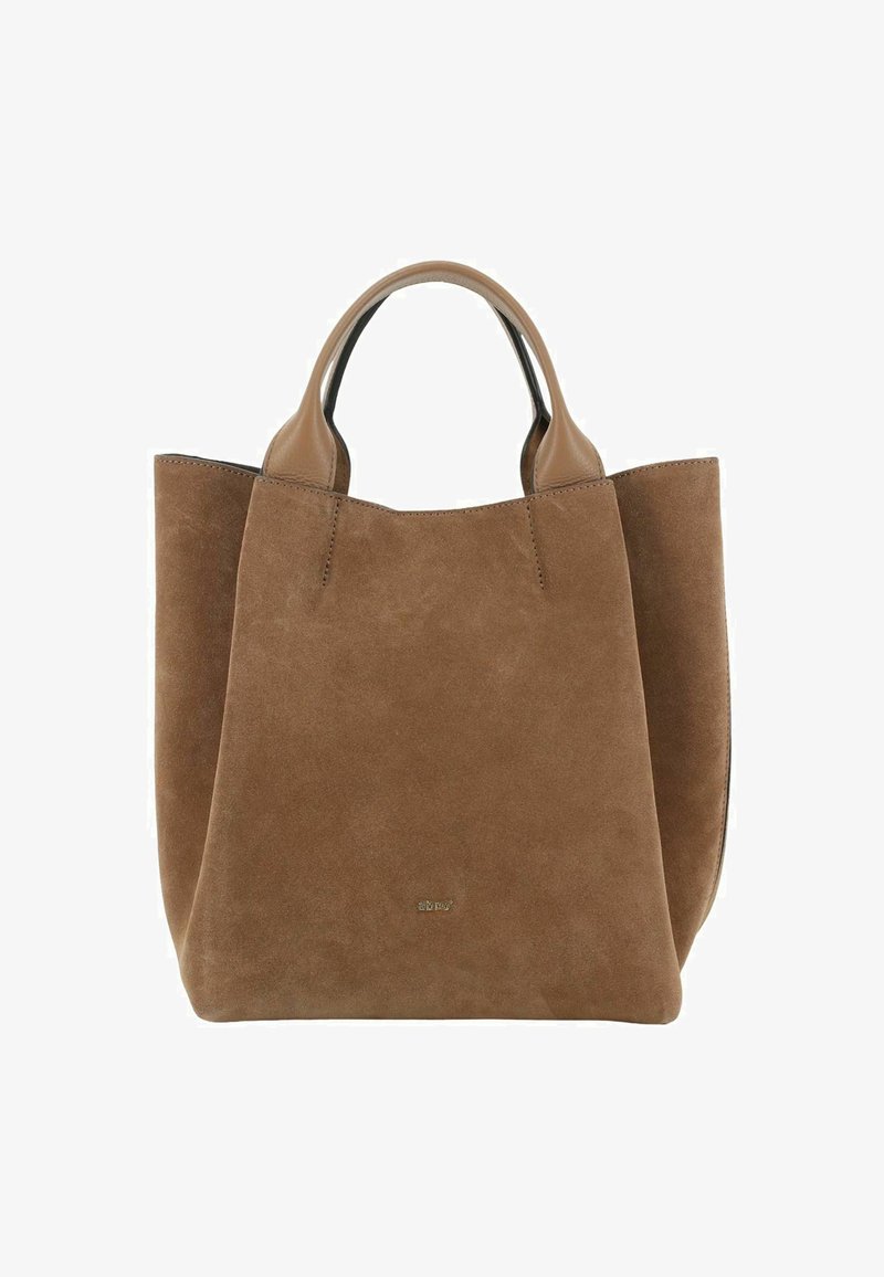 Brown suede tote bag with rounded leather handles, an open top, and minimalist design. Notable soft texture and subtle stitching detail.