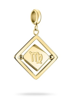 Guldvedhæng med en diamantform, der prydes af en indgraveret "Jomfru"-symbol på en poleret overflade, hængende fra en cirkulær lås.
