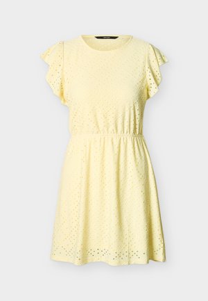 Φωτεινό κίτρινο κοντό φόρεμα με ύφασμα με τρύπες, μανίκια φλορά, στρογγυλή λαιμόκοψη και ελαστική μέση.