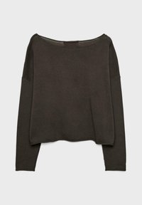 Pull en maille marron foncé à manches longues, coupe ample, avec un col large et une longueur légèrement raccourcie sur un fond uni.