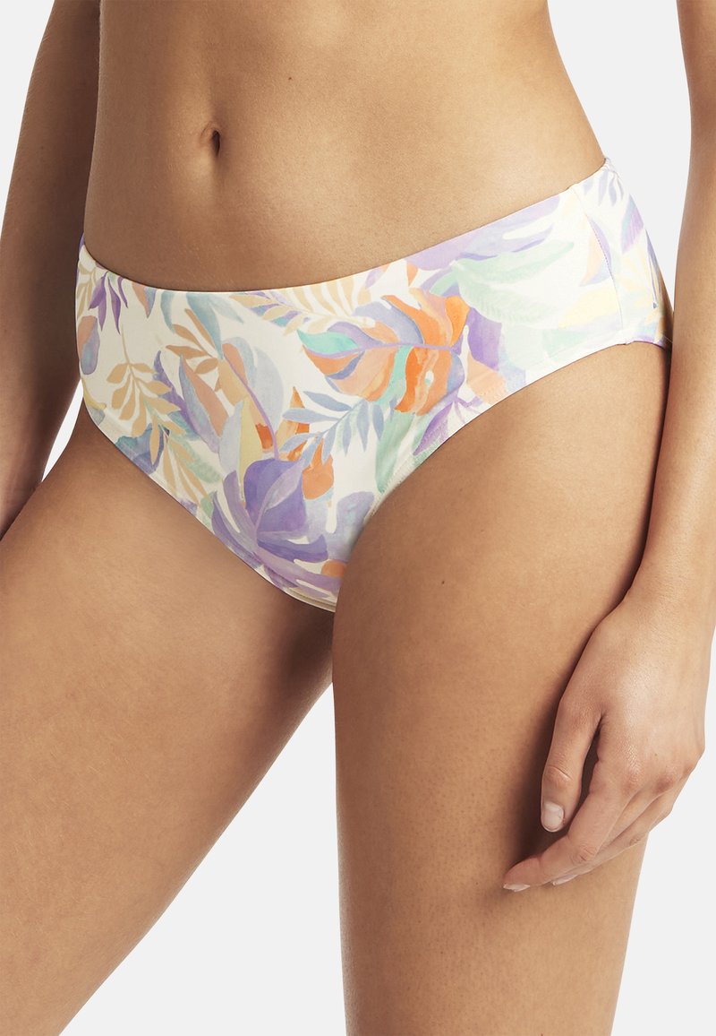 Bikini-broekje met bloemenprint, met een crèmekleurige basis en paarse, oranje en groene bladeren. Zachte stof en een middelhoge taille.