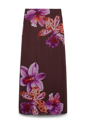 Jupe marron foncé avec de grandes impressions de fleurs d’orchidée tachetées violet et orange le long des bords supérieur et inférieur.