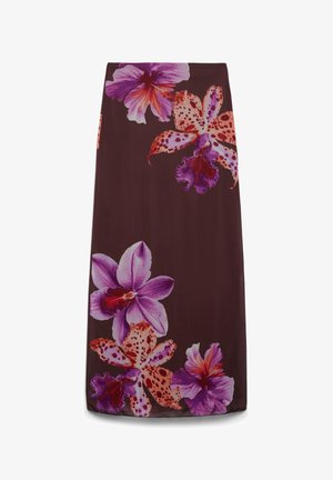 Jupe marron foncé avec de grandes impressions de fleurs d’orchidée tachetées violet et orange le long des bords supérieur et inférieur.
