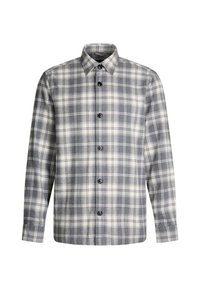 Grau-weiß karierte langärmelige Hemdbluse mit spitzem Kragen und schwarzen Knöpfen vorne.