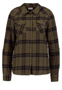 Grön och svart rutig flanellskjorta med knappframsida, två bröstfickor och klassisk krage. Mjuk textur och långa ärmar.