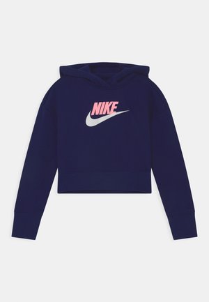 Navyblauwe cropped hoodie met lange mouwen, capuchon en een roze Nike-logo met witte swoosh aan de voorkant.