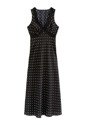 Zwarte mouwloze midi-jurk met witte polkadots, V-hals en kanten randdetails op de buste en schouders.
