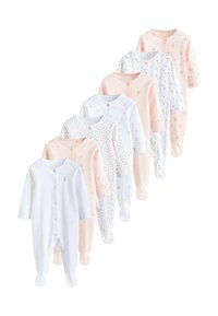 Sæt af babybodystockings i blød bomuld, med en blanding af hvide og pastelfarvede lyserøde nuancer med blomsterprint og trykknaplukninger.