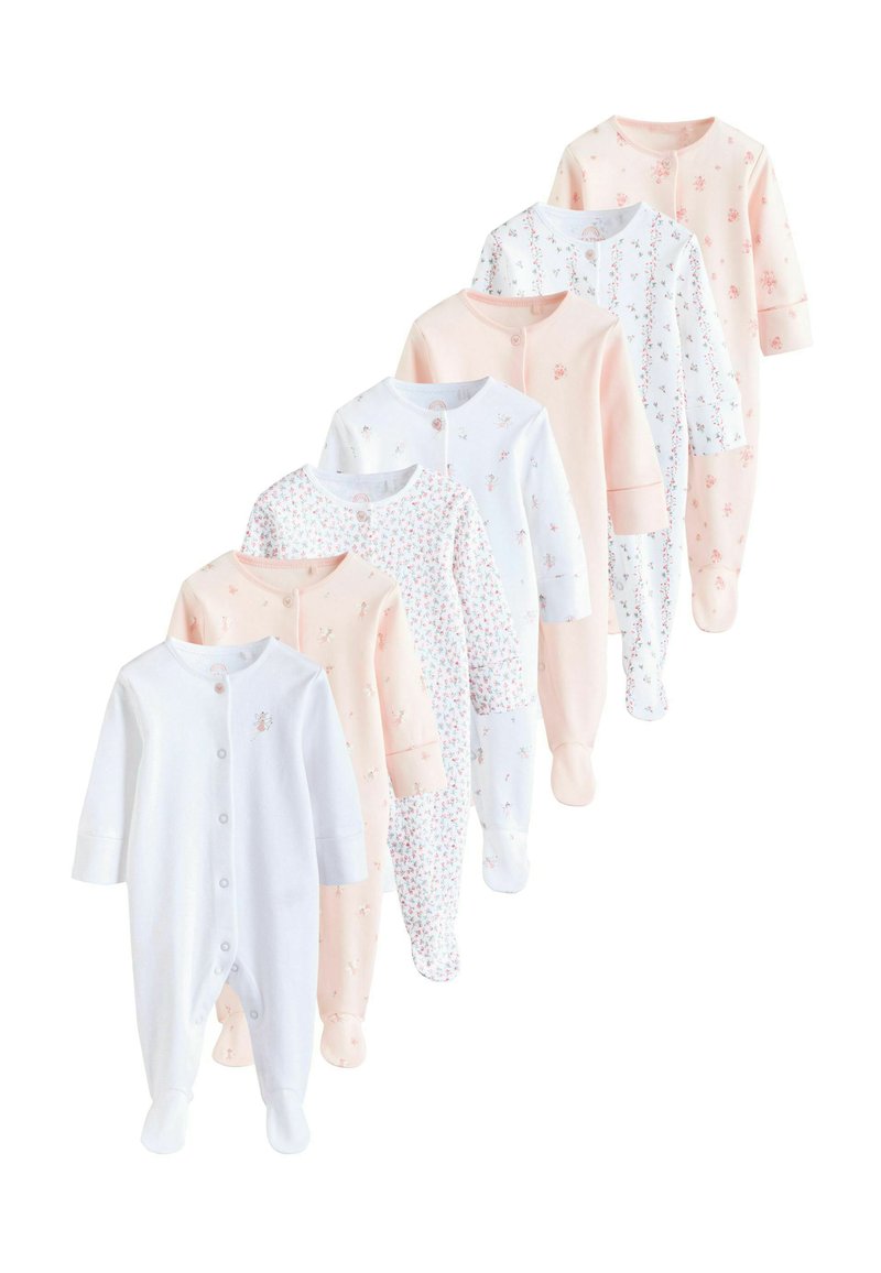 Sæt af babybodystockings i blød bomuld, med en blanding af hvide og pastelfarvede lyserøde nuancer med blomsterprint og trykknaplukninger.