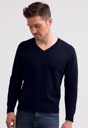 Suéter de cuello en V azul marino hecho de tela suave, con mangas largas y puños acanalados, combinado con jeans de mezclilla. Diseño minimalista, sin patrones.