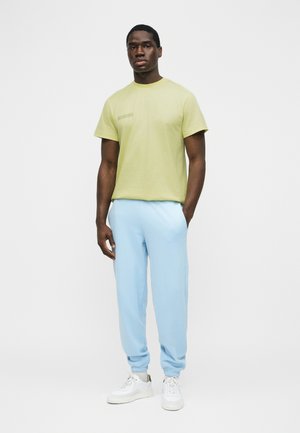 Mees seisab, kandes helerohelist lühikeste varrukatega T-särki, helesiniseid dressipükse ja valgeid tossusid, taust on lihtne.