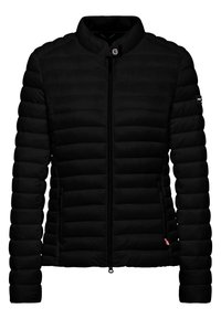 Black quilted puffer jacket with high collar, front zipper, side pockets, and a snap button at the neck.