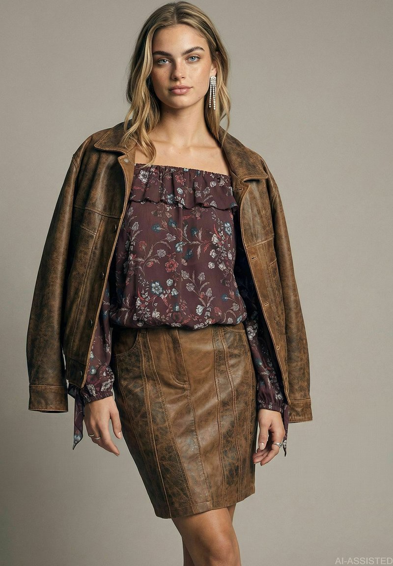 Jeune femme portant une veste en cuir marron posée sur les épaules, un top fleuri épaules dénudées, une jupe en cuir marron assortie, et de longues boucles d’oreilles.