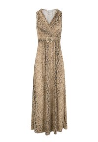 Robe longue sans manches à imprimé serpent beige et noir. Dotée d'un design enveloppant et d'un accent en double anneau doré à la taille. Texture lisse.
