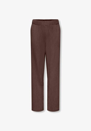 Bruine, rechte broek met textuur en een elastische tailleband, ontworpen voor dagelijks gebruik.