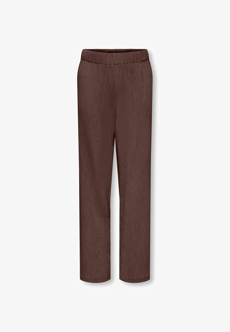 Pantalon marron à jambe droite avec texture et ceinture élastique, conçu pour un usage décontracté.