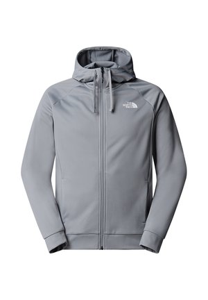 Gray zip-up hoodie with a textured fabric, adjustable hood, and front pockets. Features a logo on the upper left chest area.
